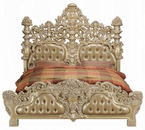 Acme BD00451EK 4 pc Astoria grand seville gold finish wood ornately carved tan faux leather headboard Eastern king bedroom set