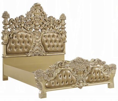 Acme BD00451EK 4 pc Astoria grand seville gold finish wood ornately carved tan faux leather headboard Eastern king bedroom set