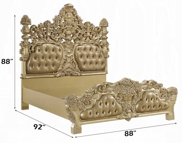 Acme BD00451EK 4 pc Astoria grand seville gold finish wood ornately carved tan faux leather headboard Eastern king bedroom set