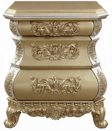 Acme BD00451EK 4 pc Astoria grand seville gold finish wood ornately carved tan faux leather headboard Eastern king bedroom set