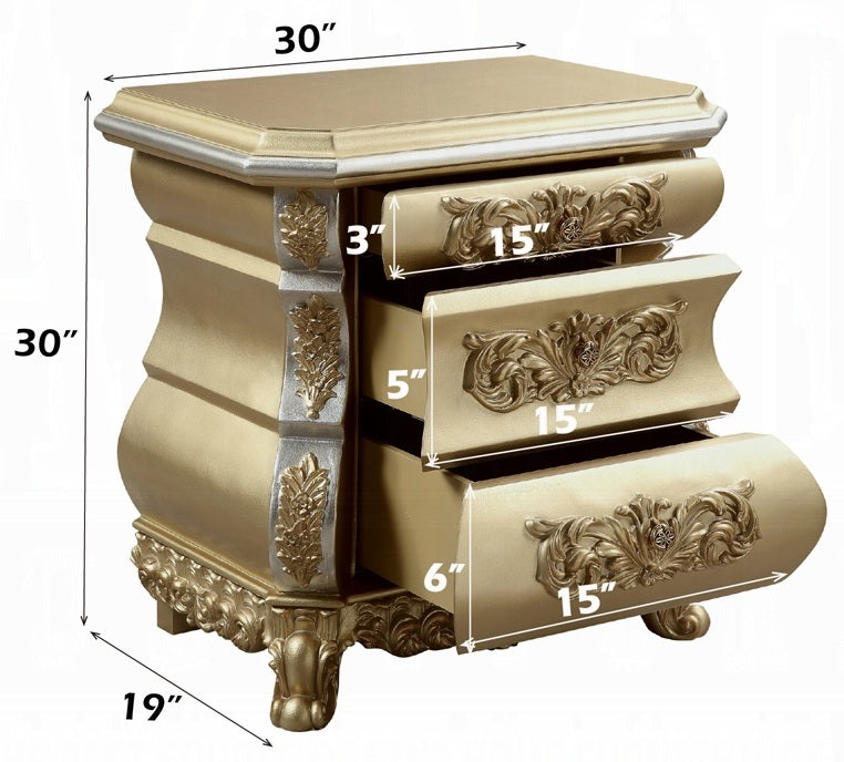 Acme BD00451EK 4 pc Astoria grand seville gold finish wood ornately carved tan faux leather headboard Eastern king bedroom set