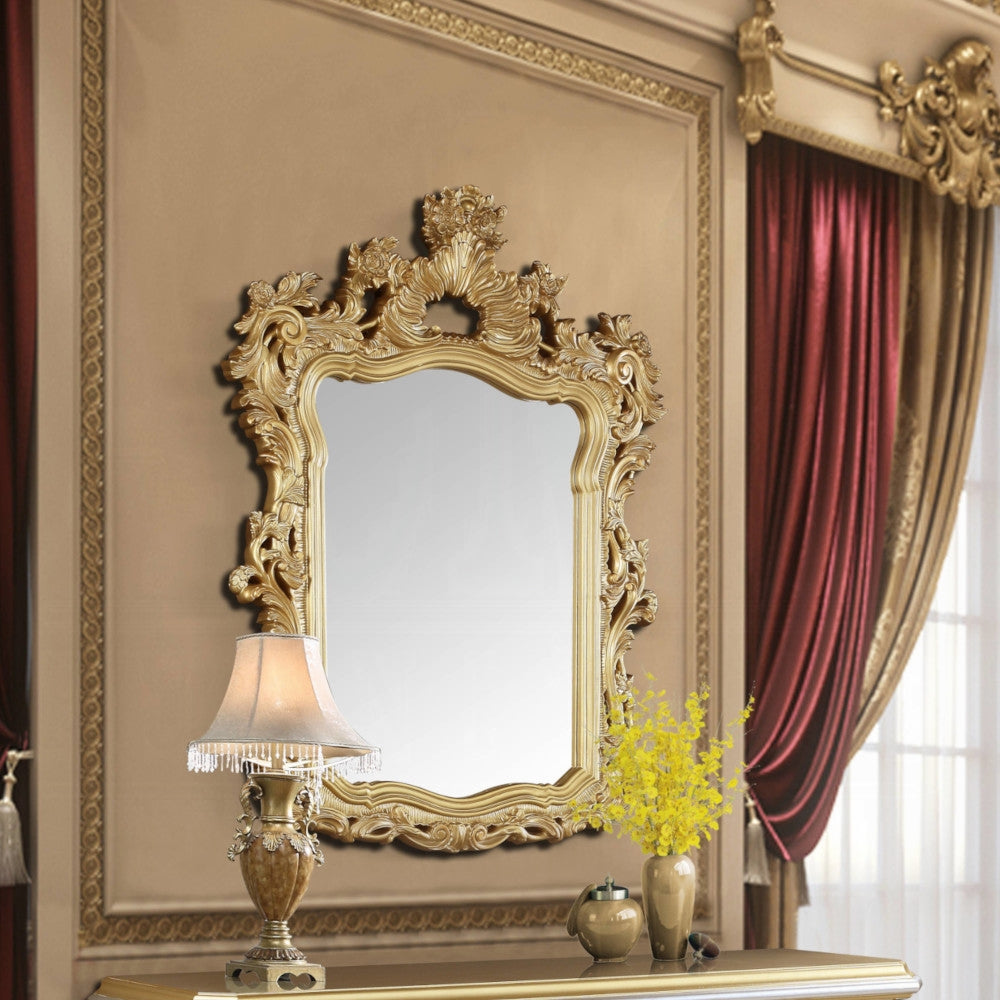 Acme BD00451EK 4 pc Astoria grand seville gold finish wood ornately carved tan faux leather headboard Eastern king bedroom set