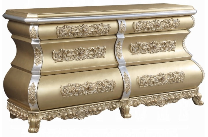 Acme BD00451EK 4 pc Astoria grand seville gold finish wood ornately carved tan faux leather headboard Eastern king bedroom set