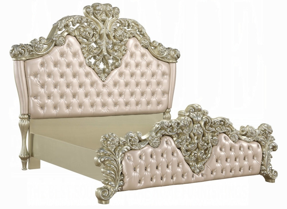 Acme BD00461EK 4 pc Astoria grand vatican champagne silver finish wood ornately carved faux leather headboard Eastern king bedroom set