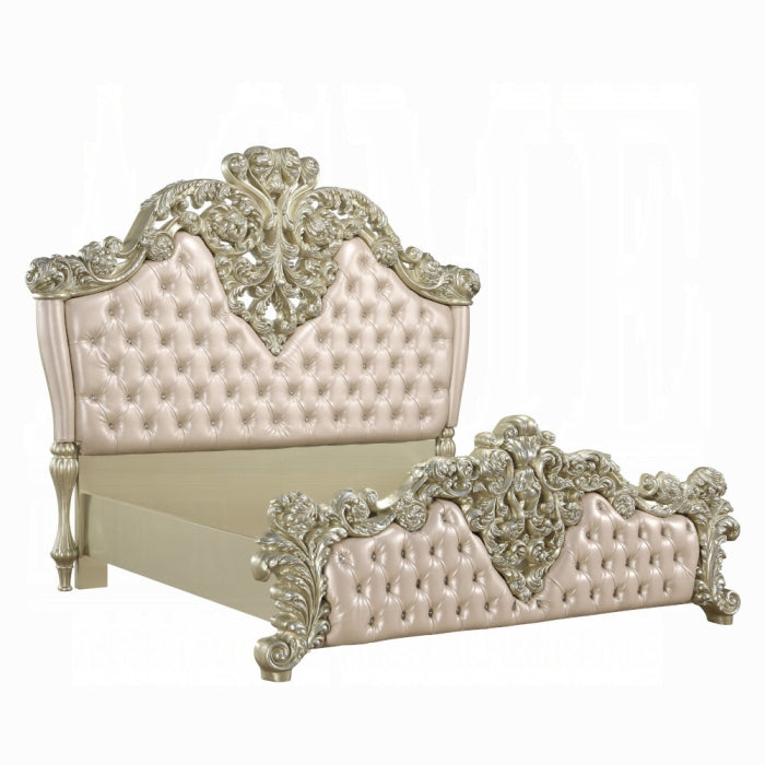 Vatican Champagne Silver Finish Wood Ornately Carved Faux Leather Headboard Eastern King Bed – BD00461EK-BED