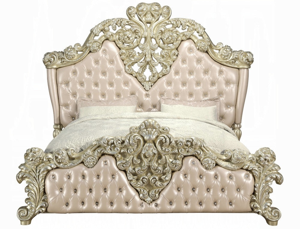 Acme BD00461EK 4 pc Astoria grand vatican champagne silver finish wood ornately carved faux leather headboard Eastern king bedroom set