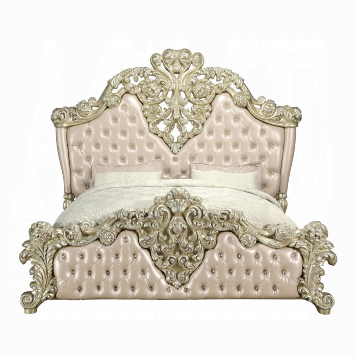Vatican Champagne Silver Finish Wood Ornately Carved Faux Leather Headboard Eastern King Bed – BD00461EK-BED