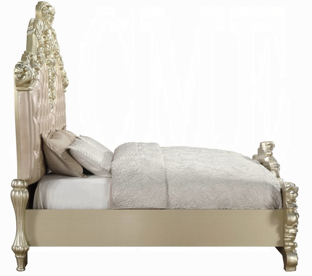 Acme BD00461EK 4 pc Astoria grand vatican champagne silver finish wood ornately carved faux leather headboard Eastern king bedroom set