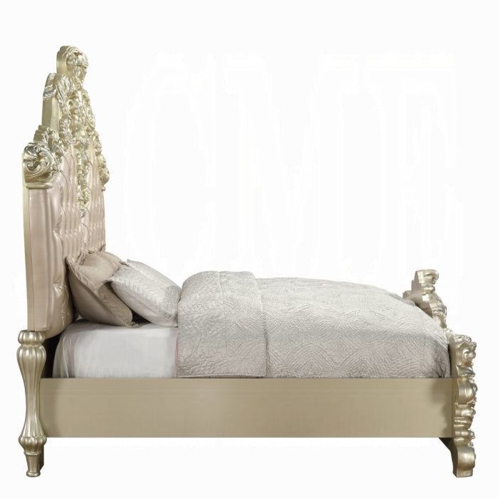 Vatican Champagne Silver Finish Wood Ornately Carved Faux Leather Headboard Eastern King Bed – BD00461EK-BED