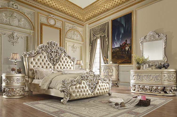 Acme BD00461EK 4 pc Astoria grand vatican champagne silver finish wood ornately carved faux leather headboard Eastern king bedroom set