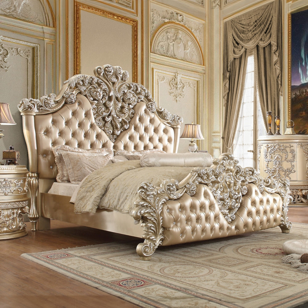 Acme BD00461EK 4 pc Astoria grand vatican champagne silver finish wood ornately carved faux leather headboard Eastern king bedroom set