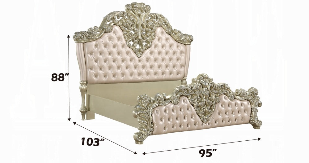 Acme BD00461EK 4 pc Astoria grand vatican champagne silver finish wood ornately carved faux leather headboard Eastern king bedroom set