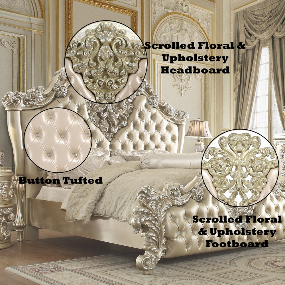 Acme BD00461EK 4 pc Astoria grand vatican champagne silver finish wood ornately carved faux leather headboard Eastern king bedroom set