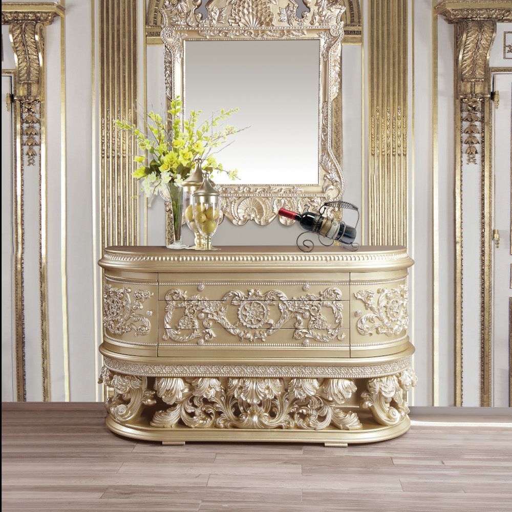 Acme BD00461EK 4 pc Astoria grand vatican champagne silver finish wood ornately carved faux leather headboard Eastern king bedroom set