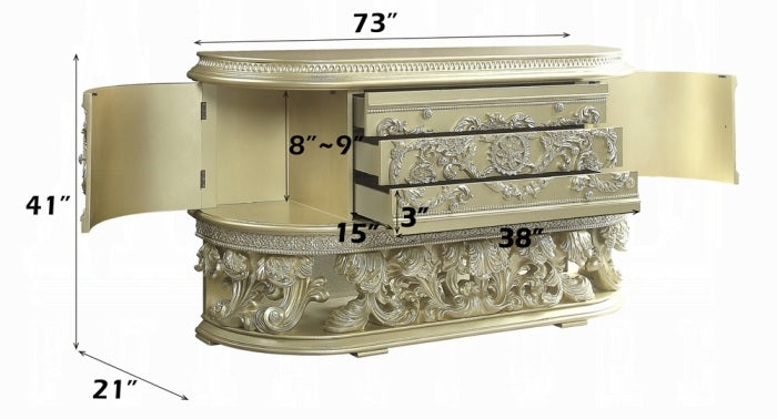 Acme BD00461EK 4 pc Astoria grand vatican champagne silver finish wood ornately carved faux leather headboard Eastern king bedroom set