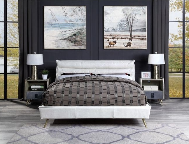 Acme BD00565Q Doris vintage white top grain leather mid century modern queen bed