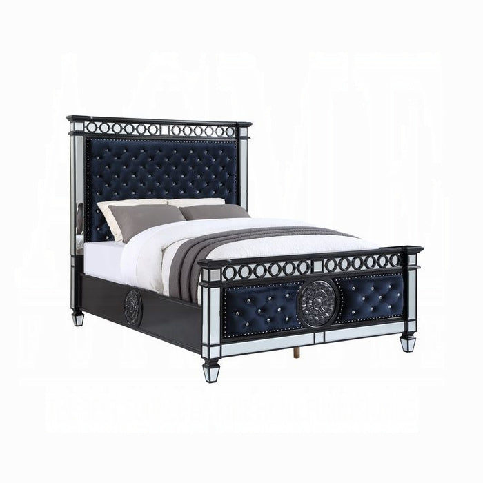 Acme BD00584Q  Varian mirrored black finish wood tufted dark navy blue velvet fabric queen bed