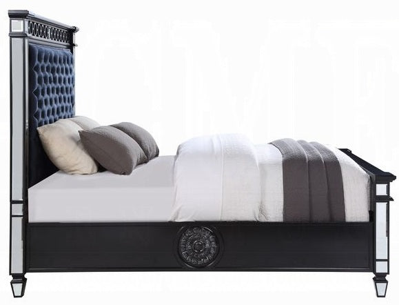 Acme BD00584Q-4PC 4 pc Varian mirrored black finish wood tufted dark navy blue velvet fabric queen bedroom set