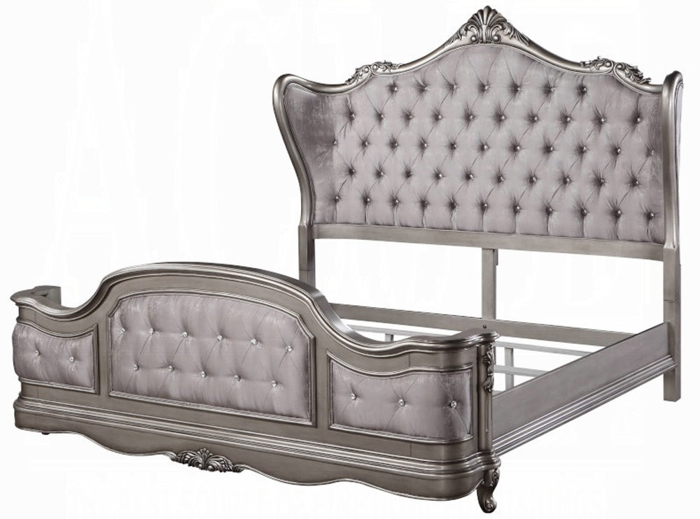 Acme BD00603Q 4 pc Ariadne antique platinum finish wood queen bedroom set decorative carvings tufted accents