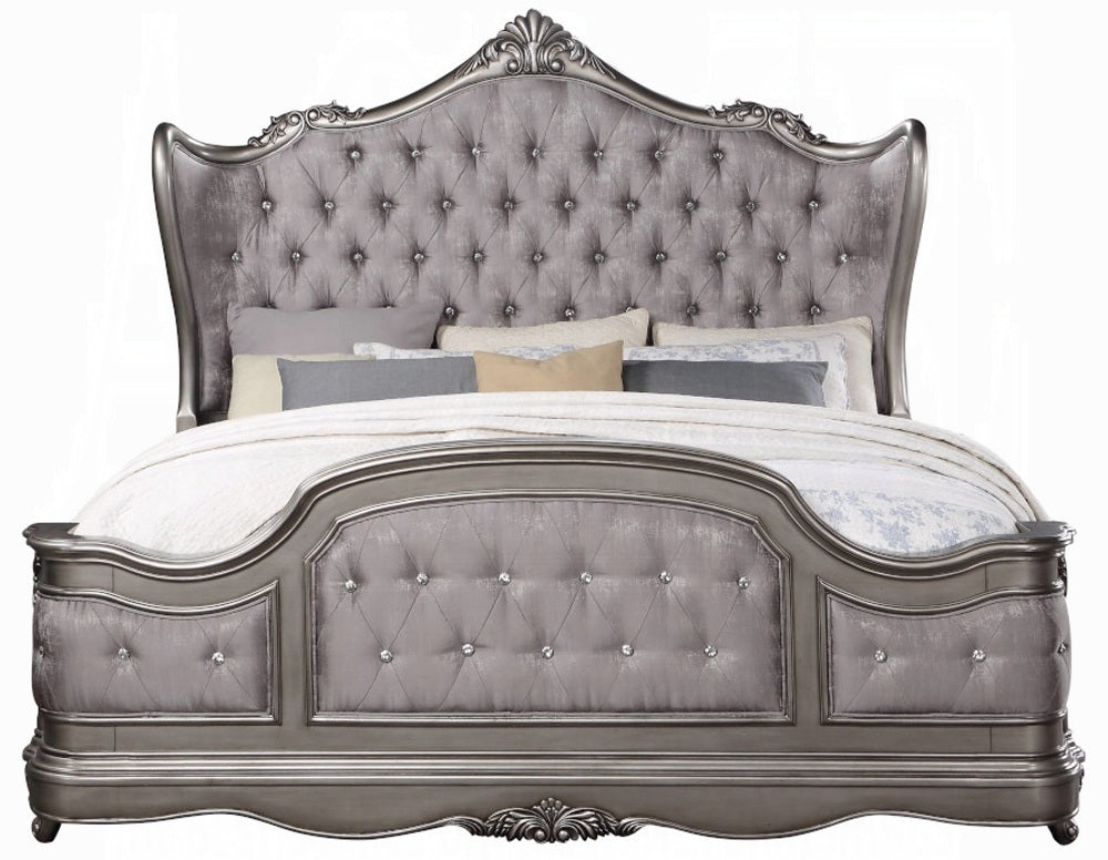 Acme BD00603Q 4 pc Ariadne antique platinum finish wood queen bedroom set decorative carvings tufted accents