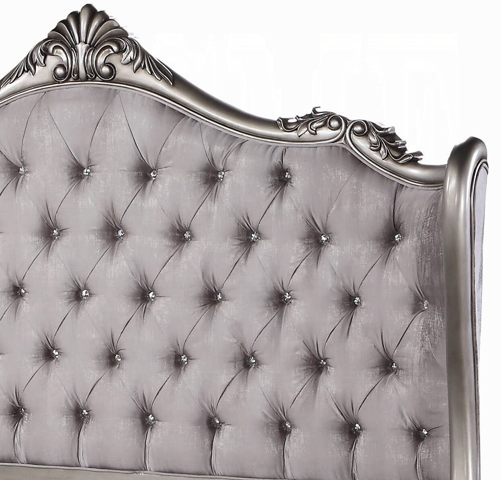Acme BD00603Q 4 pc Ariadne antique platinum finish wood queen bedroom set decorative carvings tufted accents