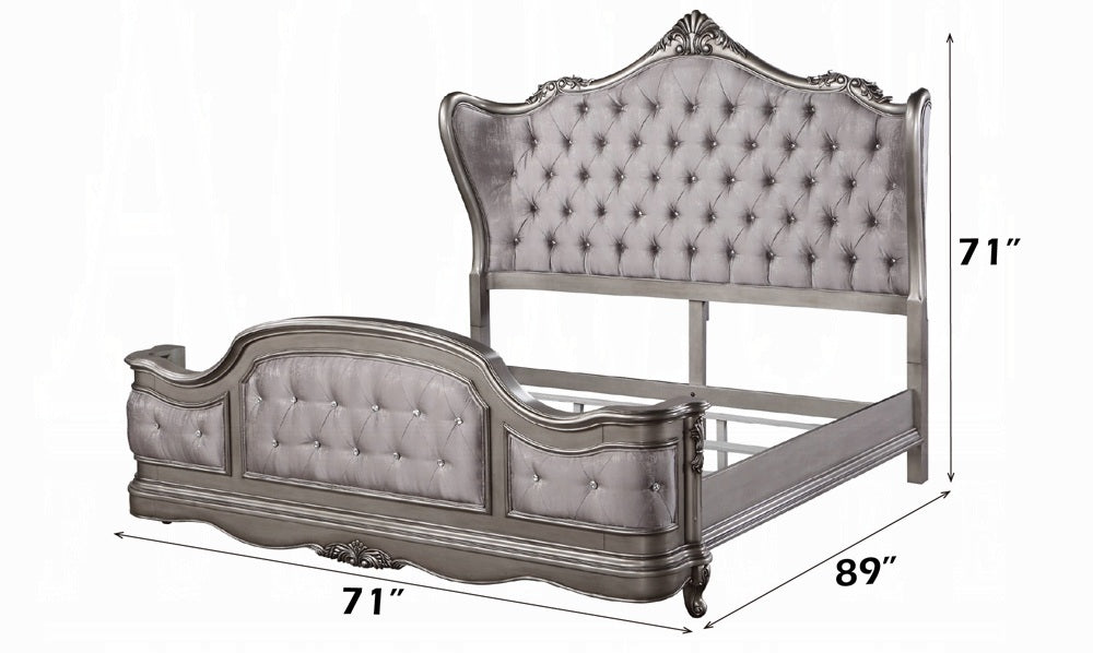 Acme BD00603Q 4 pc Ariadne antique platinum finish wood queen bedroom set decorative carvings tufted accents