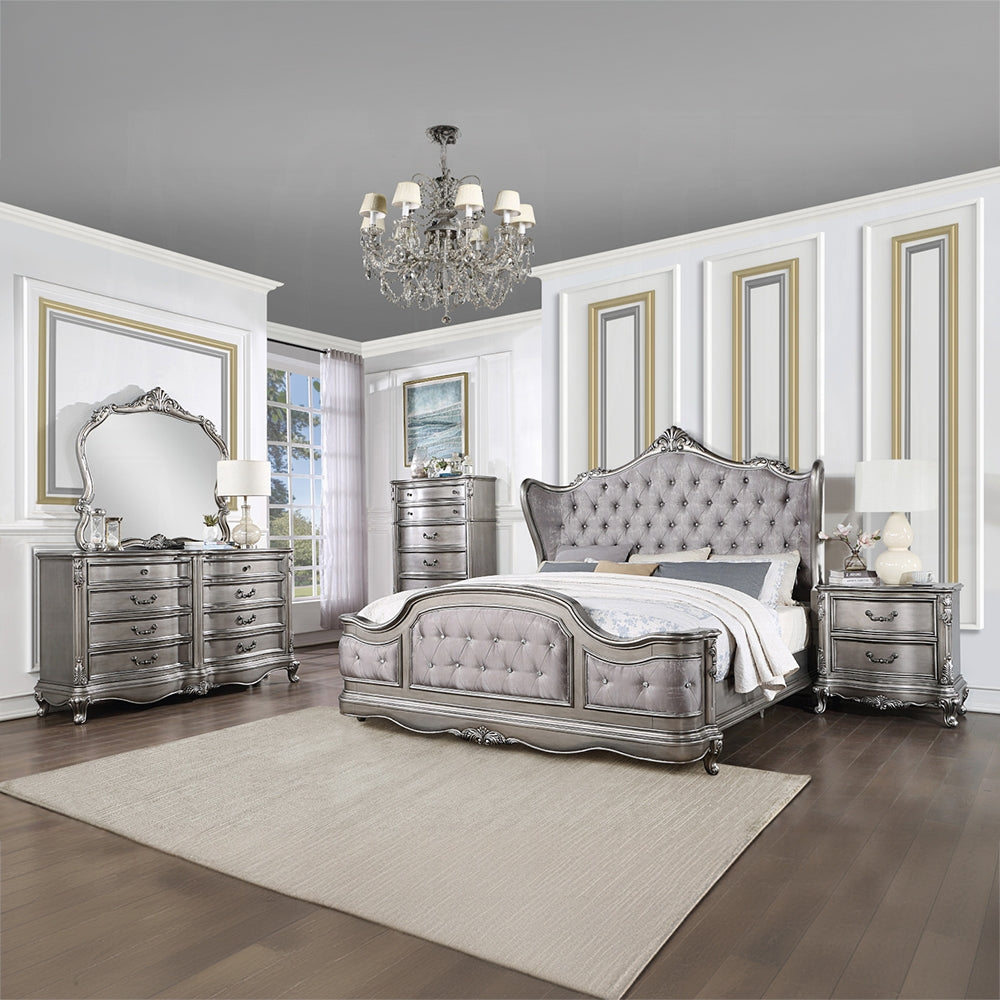 Acme BD00603Q 4 pc Ariadne antique platinum finish wood queen bedroom set decorative carvings tufted accents
