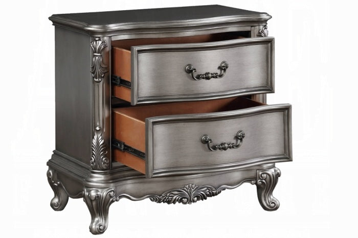 Acme BD00603Q 4 pc Ariadne antique platinum finish wood queen bedroom set decorative carvings tufted accents