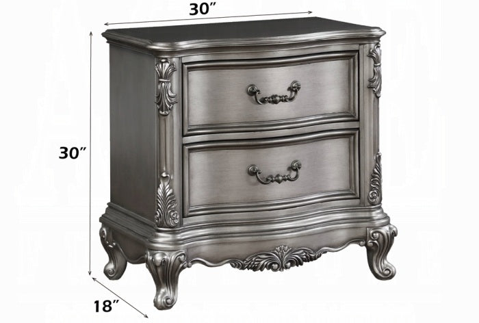 Acme BD00603Q 4 pc Ariadne antique platinum finish wood queen bedroom set decorative carvings tufted accents