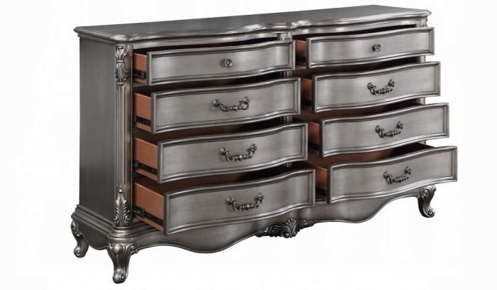 Acme BD00603Q 4 pc Ariadne antique platinum finish wood queen bedroom set decorative carvings tufted accents