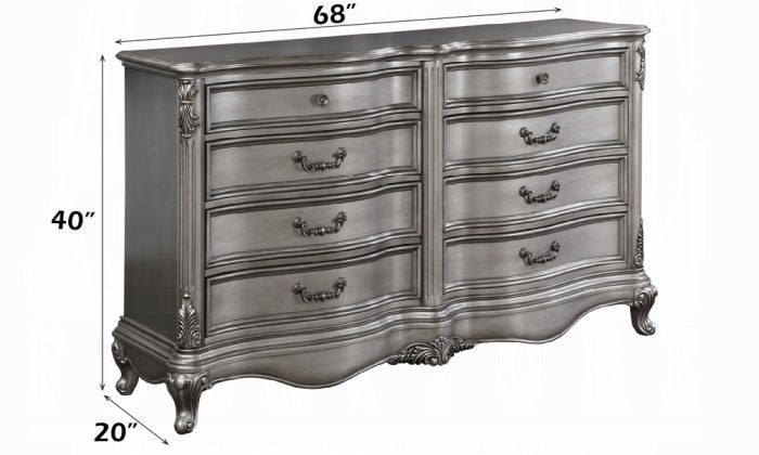 Acme BD00603Q 4 pc Ariadne antique platinum finish wood queen bedroom set decorative carvings tufted accents