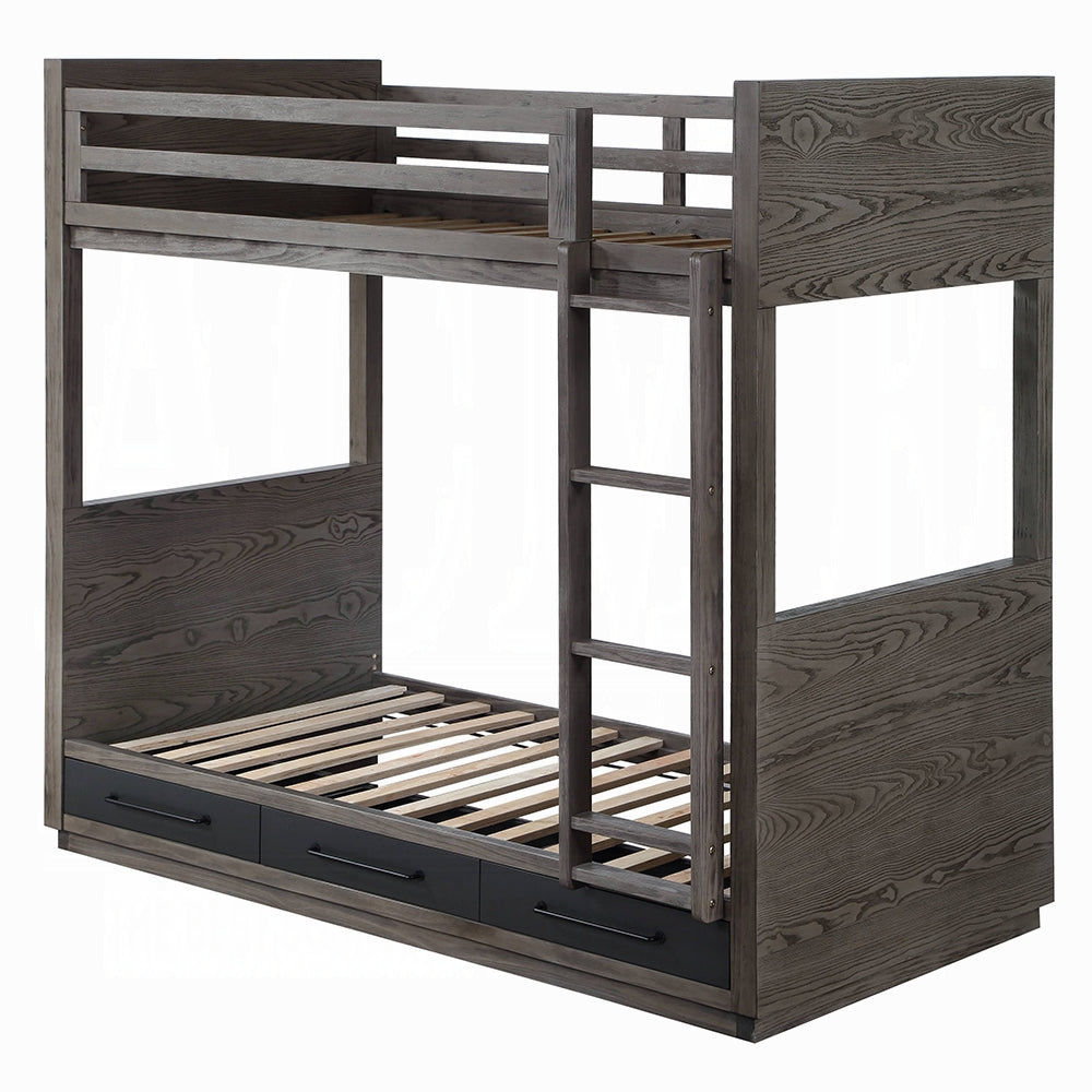 Acme BD00613 Harriet bee cedro grey oak finish wood twin loft bed with lower twin bed with drawers