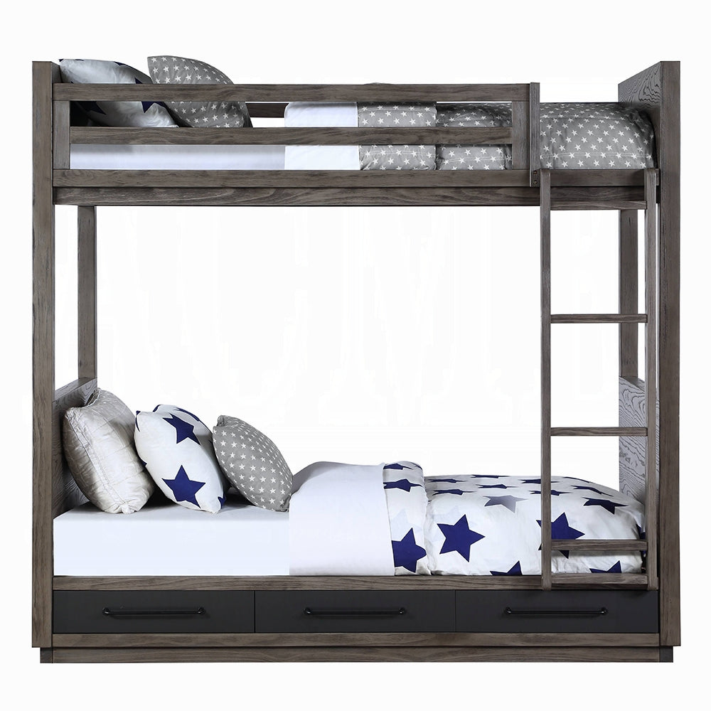 Acme BD00613 Harriet bee cedro grey oak finish wood twin loft bed with lower twin bed with drawers
