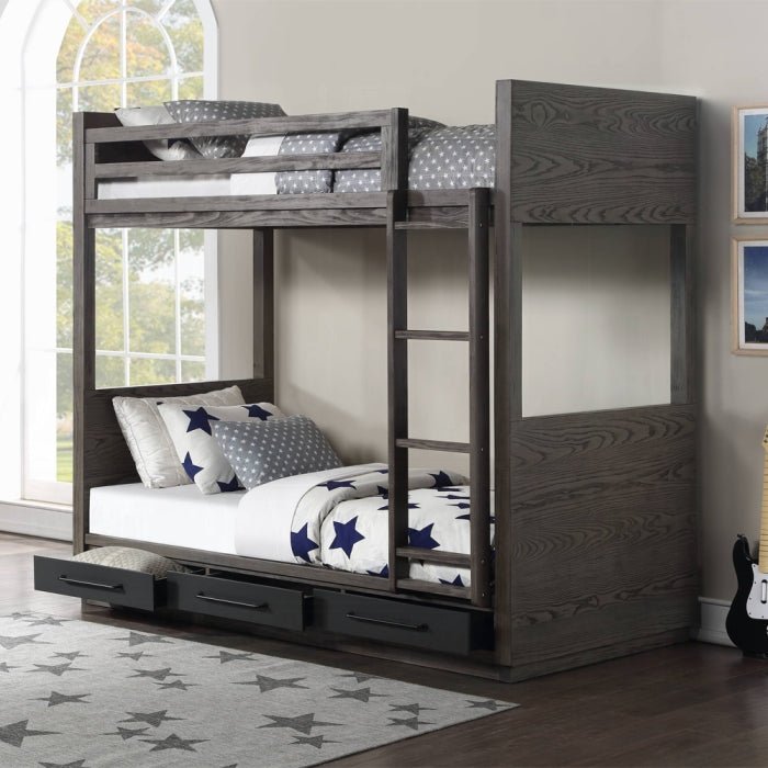 Acme BD00613 Harriet bee cedro grey oak finish wood twin loft bed with lower twin bed with drawers