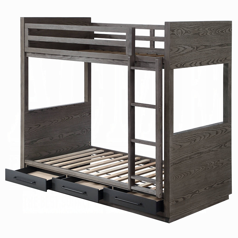 Acme BD00613 Harriet bee cedro grey oak finish wood twin loft bed with lower twin bed with drawers