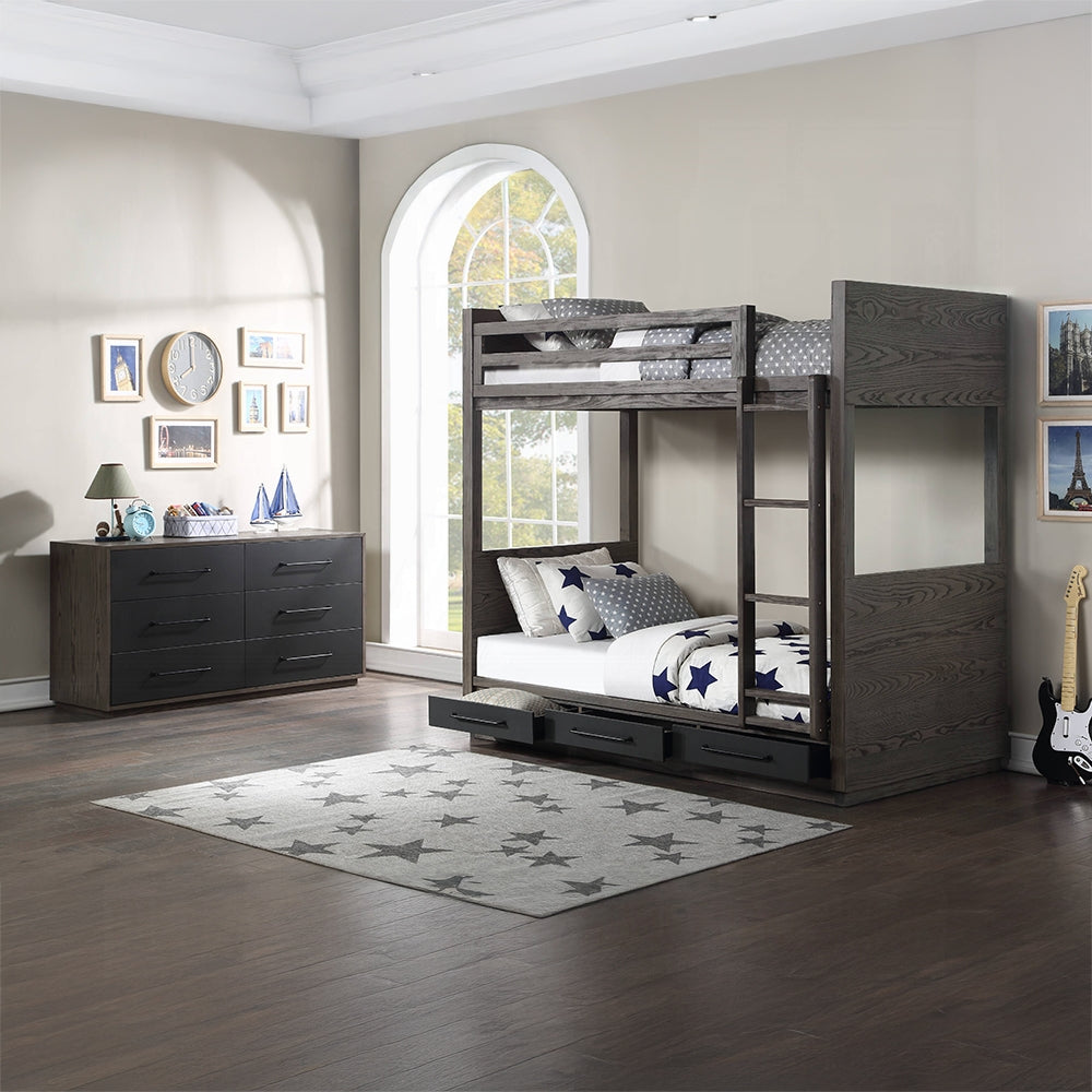 Acme BD00613 Harriet bee cedro grey oak finish wood twin loft bed with lower twin bed with drawers