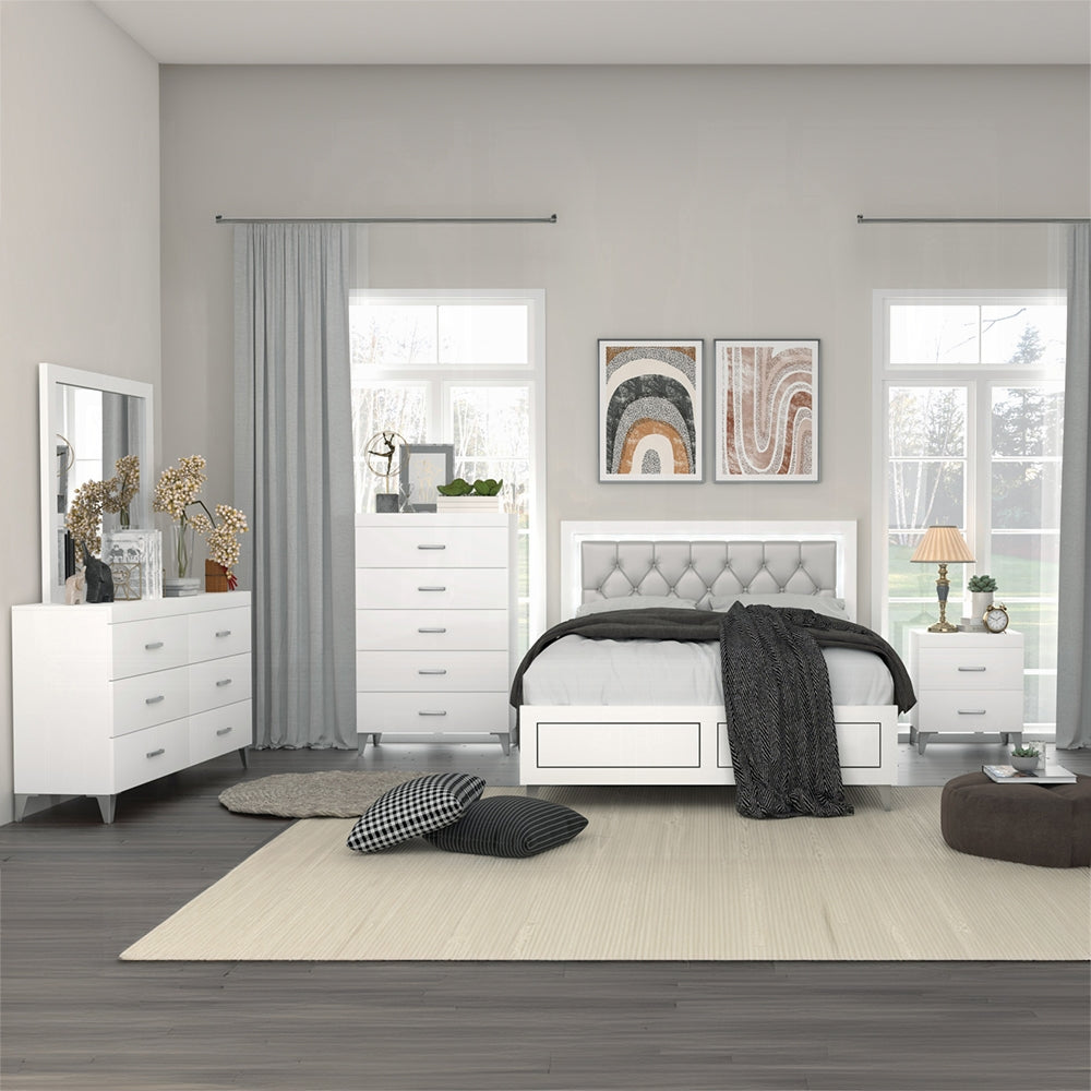 Acme BD00644Q-4PC 4 pc Astoria grand Casilda white finish wood grey faux leather LED queen bedroom set