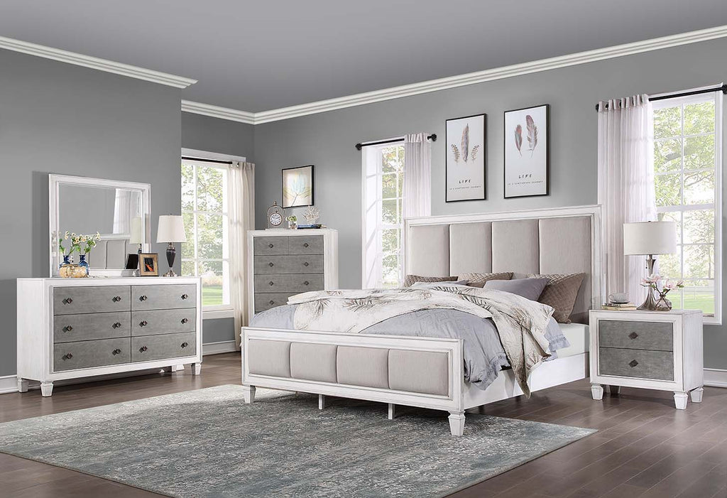 Acme BD00660-4PC Astoria grand Katia weathered light gray and white finish wood light gray linen queen bedroom set
