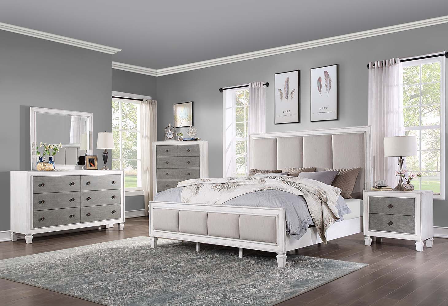 Acme BD00660-4PC Astoria grand Katia weathered light gray and white finish wood light gray linen queen bedroom set