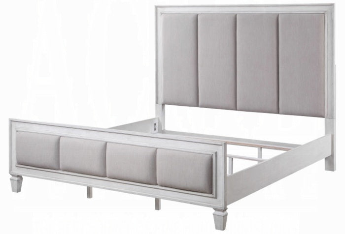 Acme BD00660-4PC Astoria grand Katia weathered light gray and white finish wood light gray linen queen bedroom set