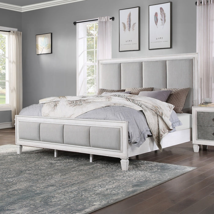 Acme BD00660-4PC Astoria grand Katia weathered light gray and white finish wood light gray linen queen bedroom set