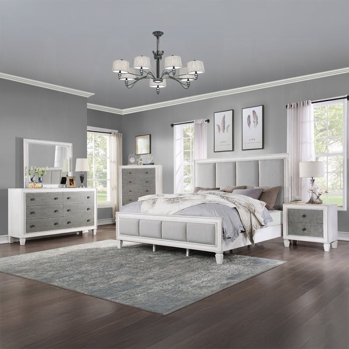 Acme BD00660-4PC Astoria grand Katia weathered light gray and white finish wood light gray linen queen bedroom set