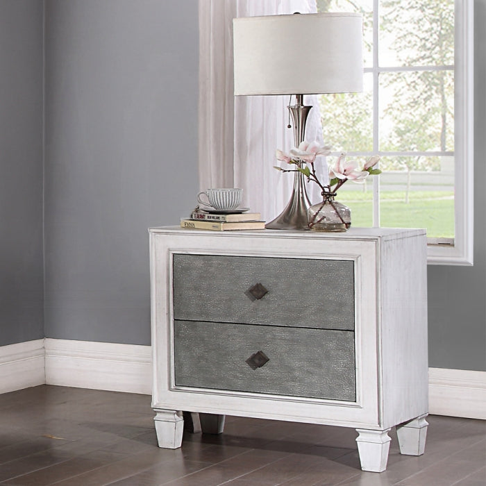 Acme BD00660-4PC Astoria grand Katia weathered light gray and white finish wood light gray linen queen bedroom set
