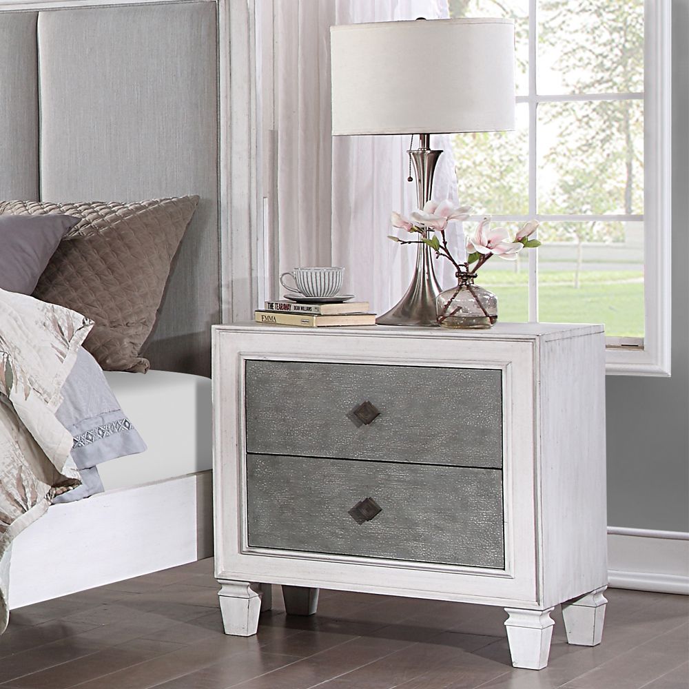 Acme BD00660-4PC Astoria grand Katia weathered light gray and white finish wood light gray linen queen bedroom set