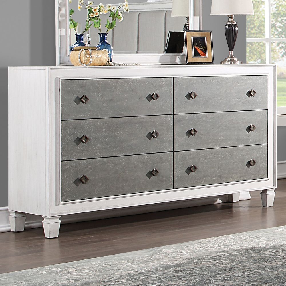 Acme BD00660-4PC Astoria grand Katia weathered light gray and white finish wood light gray linen queen bedroom set