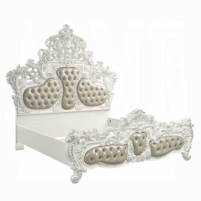 Acme BD00671EK Astoria grand Vanaheim antique white finish wood beige faux leather tufted french inspired ornate eastern king bed