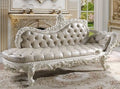 Acme BD00677 Vanaheim antique white finish wood french inspired ornate beige faux leather bedroom entry hall bench chaise lounger