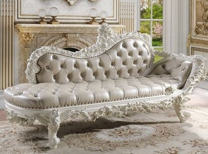 Acme BD00677 Vanaheim antique white finish wood french inspired ornate beige faux leather bedroom entry hall bench chaise lounger