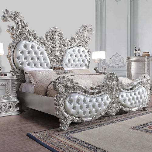 Acme BD00683EK-4PC Astoria grand valkyrie gray finish wood faux leather french inspired ornate eastern king bedroom set