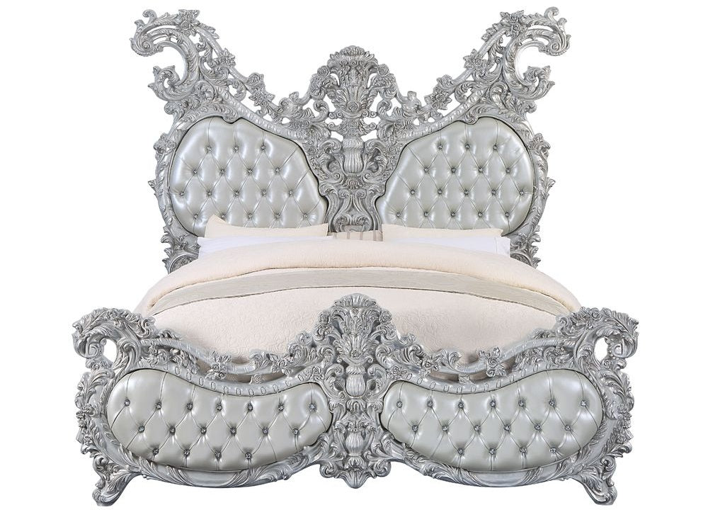 Acme BD00683EK-4PC Astoria grand valkyrie gray finish wood faux leather french inspired ornate eastern king bedroom set